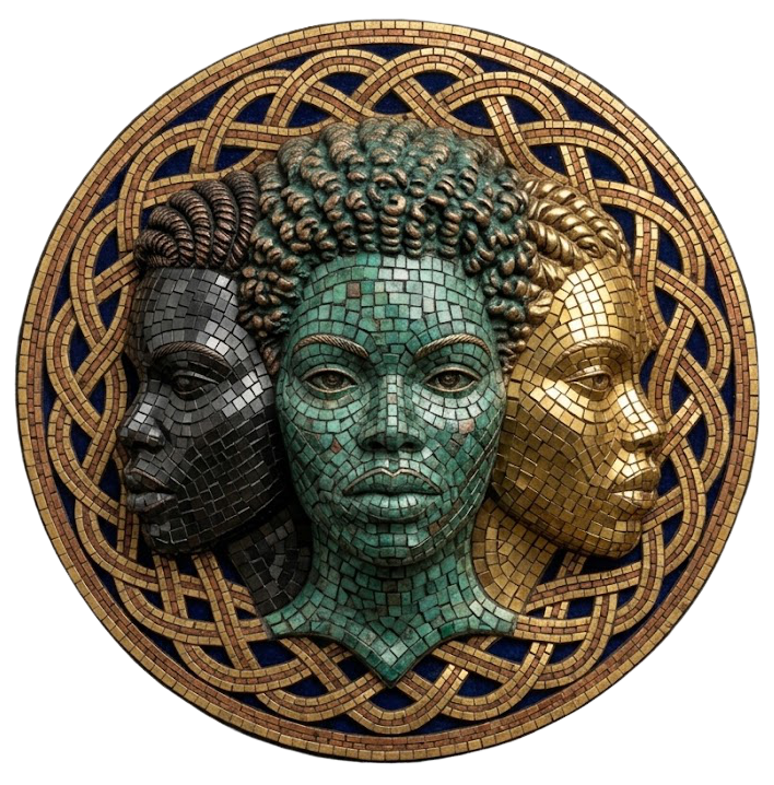 The Black Copper Gold Collective mosaic medallion: three African figures in black, turquoise, and gold, encircled by an interwoven frame